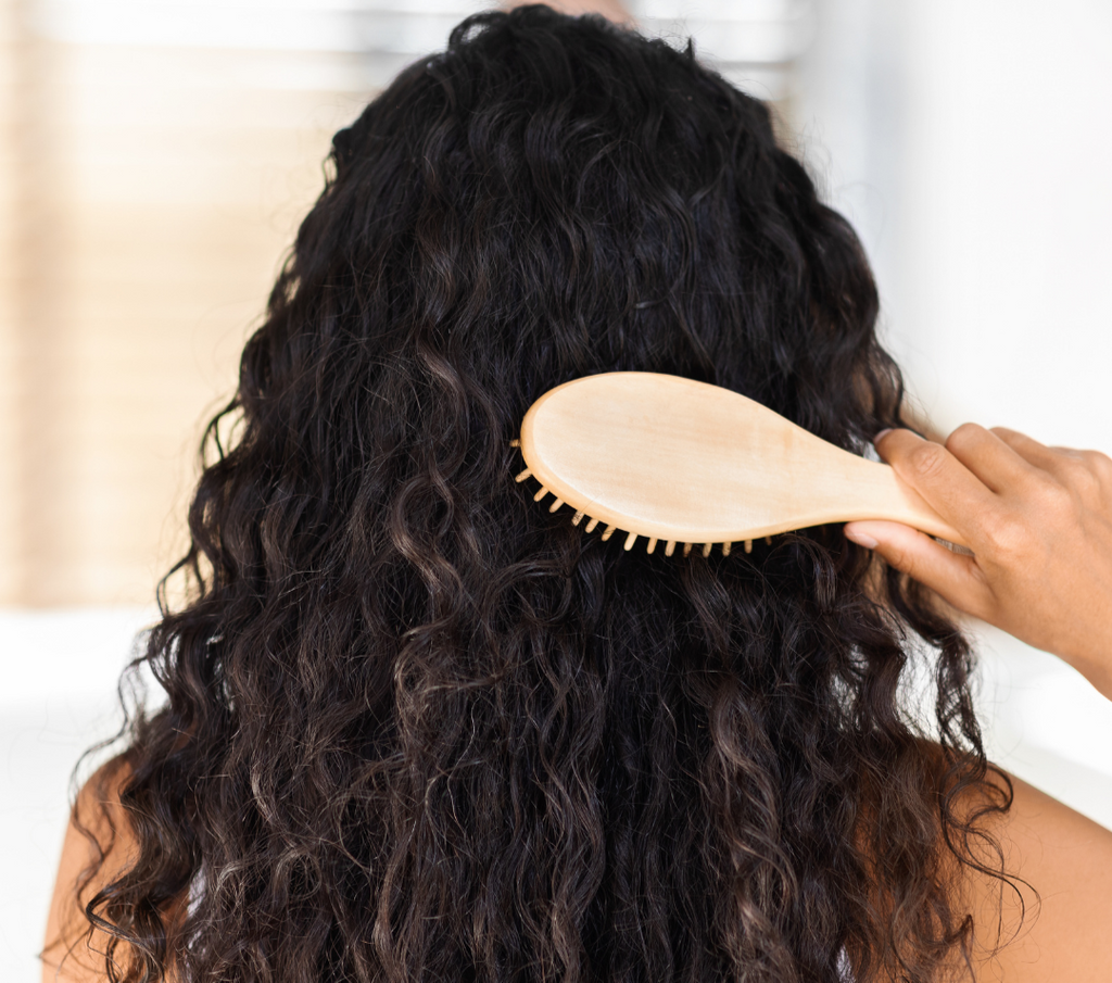 Person brushing curly hair with text about dry brushing and detangling.
