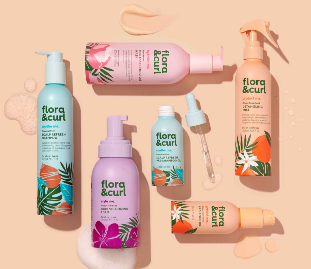 Flora & Curl hair care products on a beige background with text about personalized hair routines.