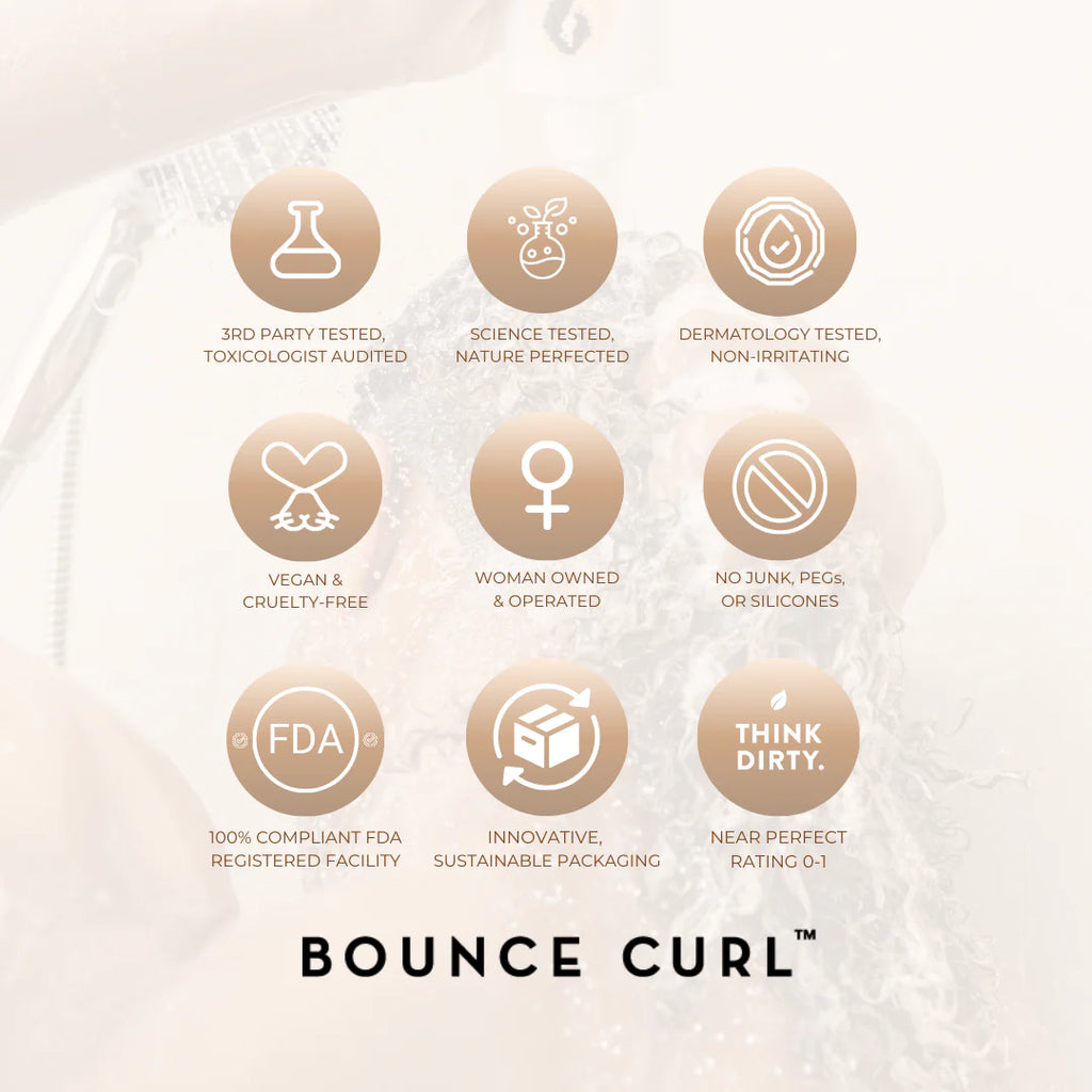 Bounce Curl product with certification icons and text on a white background