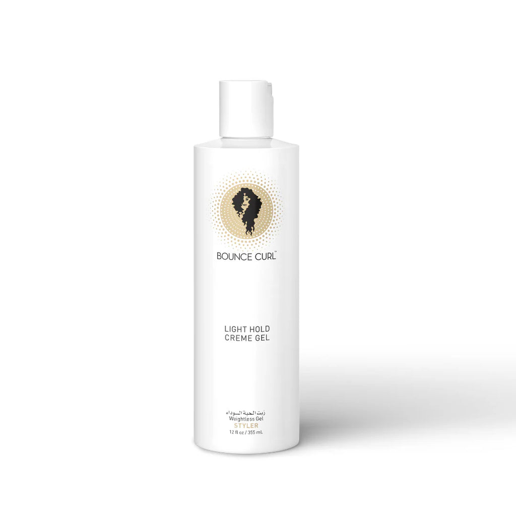 Bottle of Bounce Curl Light Hold Crème Gel on a white background