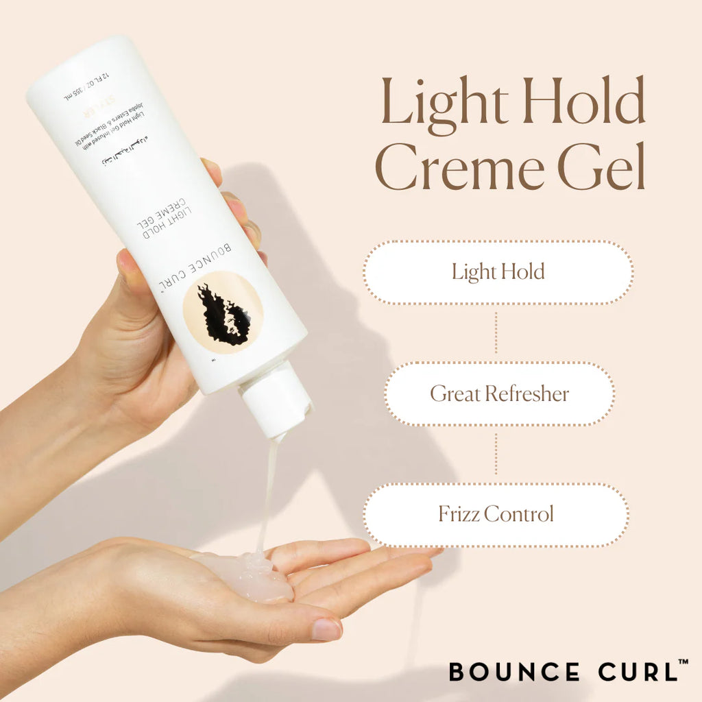 Bottle of Bounce Curl Light Hold Creme Gel being held with a hand applying it to another hand on a beige background.